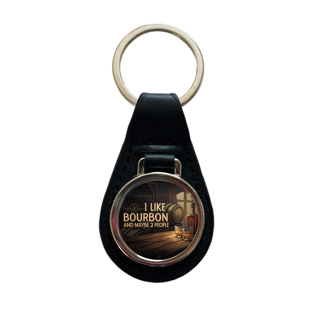 I Like Bourbon And Maybe 2 People Funny Black Leather Metal Keychain