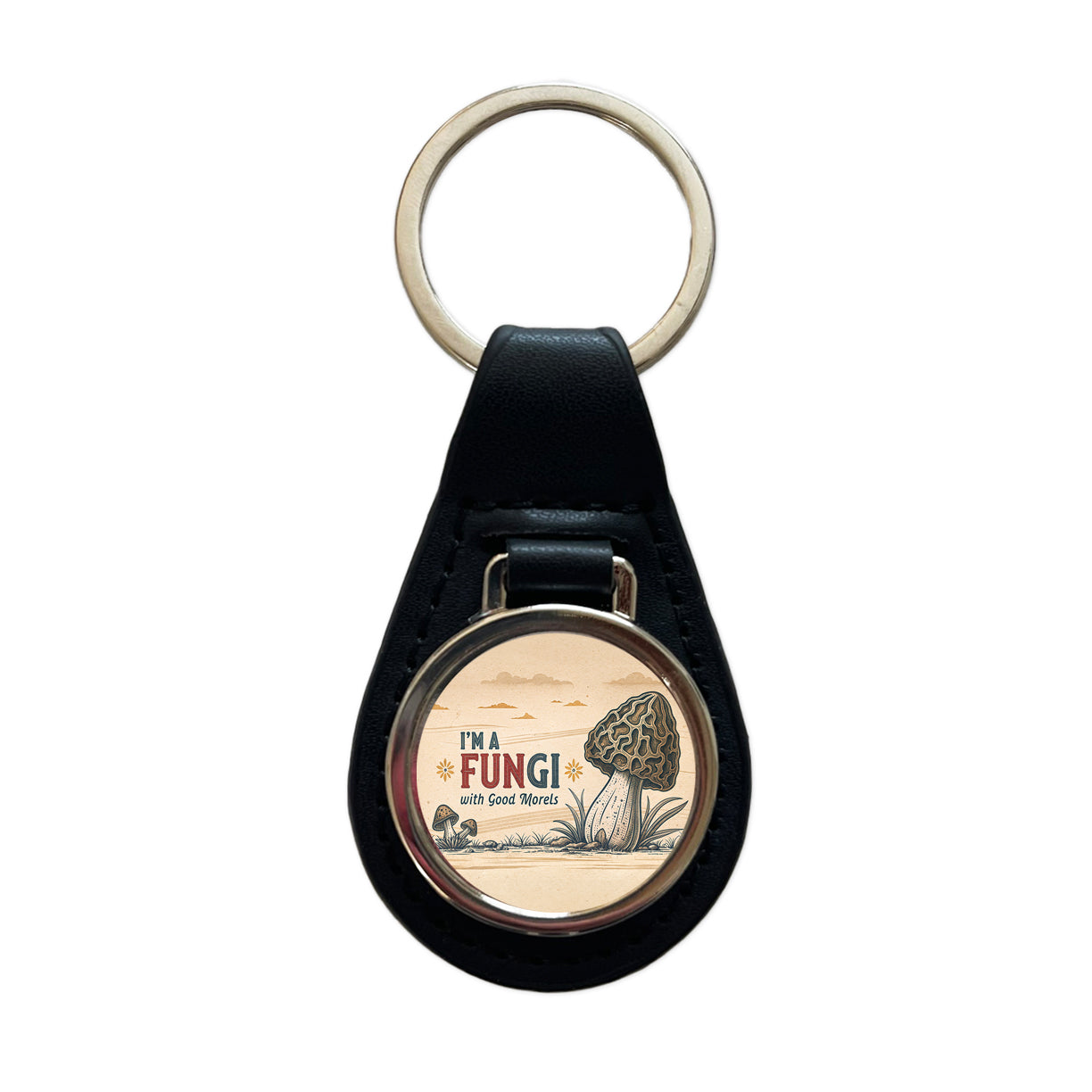 I'm a Fungi with Good Morels Retro Fun Guy Morel Mushroom Funny Black Leather Metal Keychain