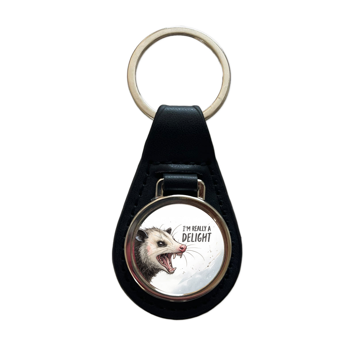 I'm Really a Delight Funny Angry Opossum Black Leather Metal Keychain