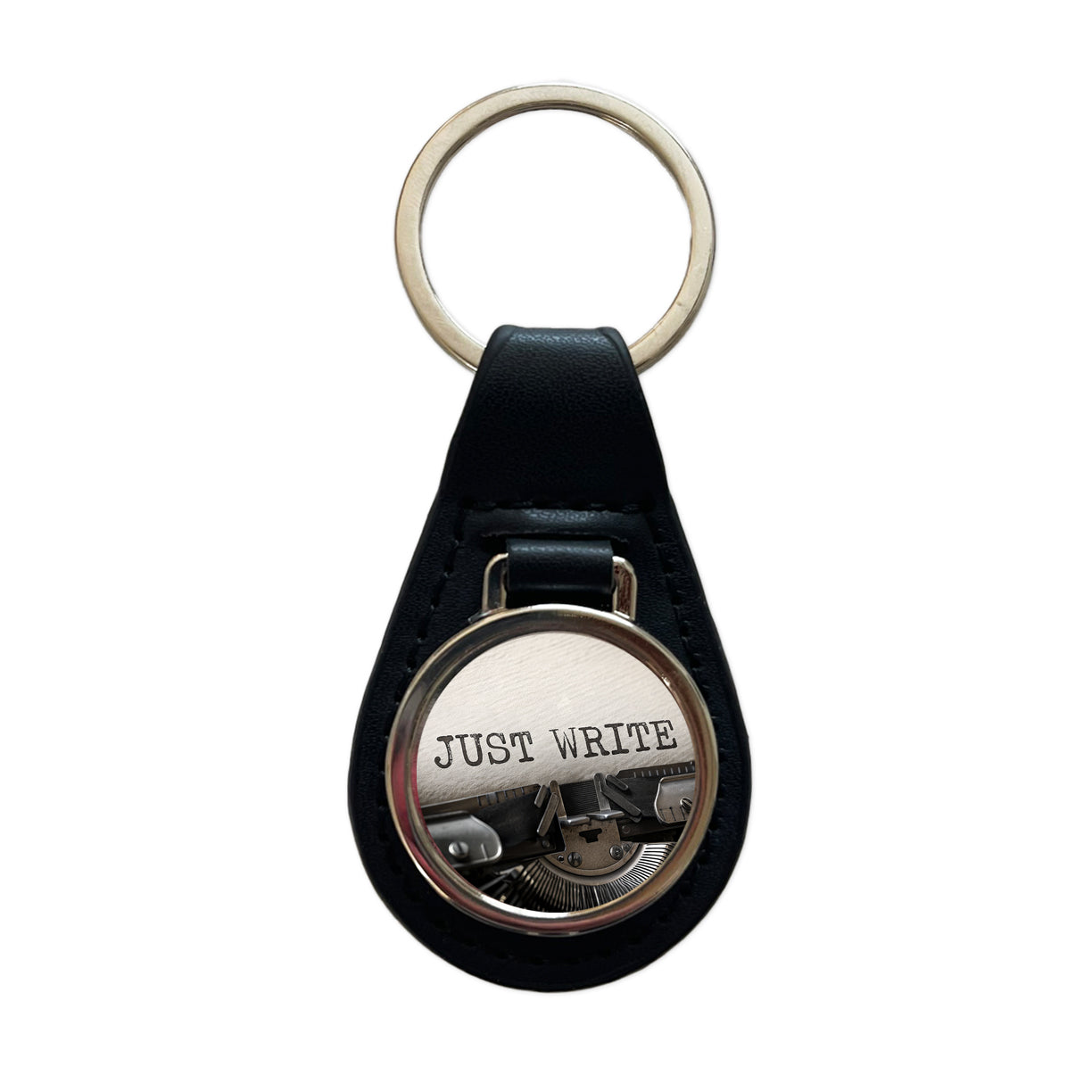 Just Write Retro Typewriter Inspirational Black Leather Metal Keychain
