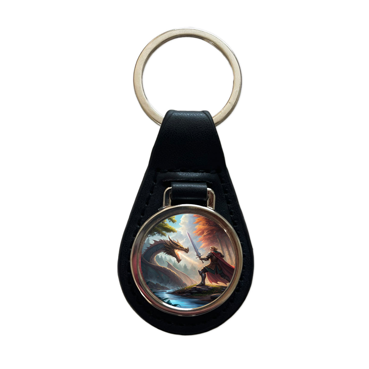 Knight Dragon Slayer Illustration Black Leather Metal Keychain
