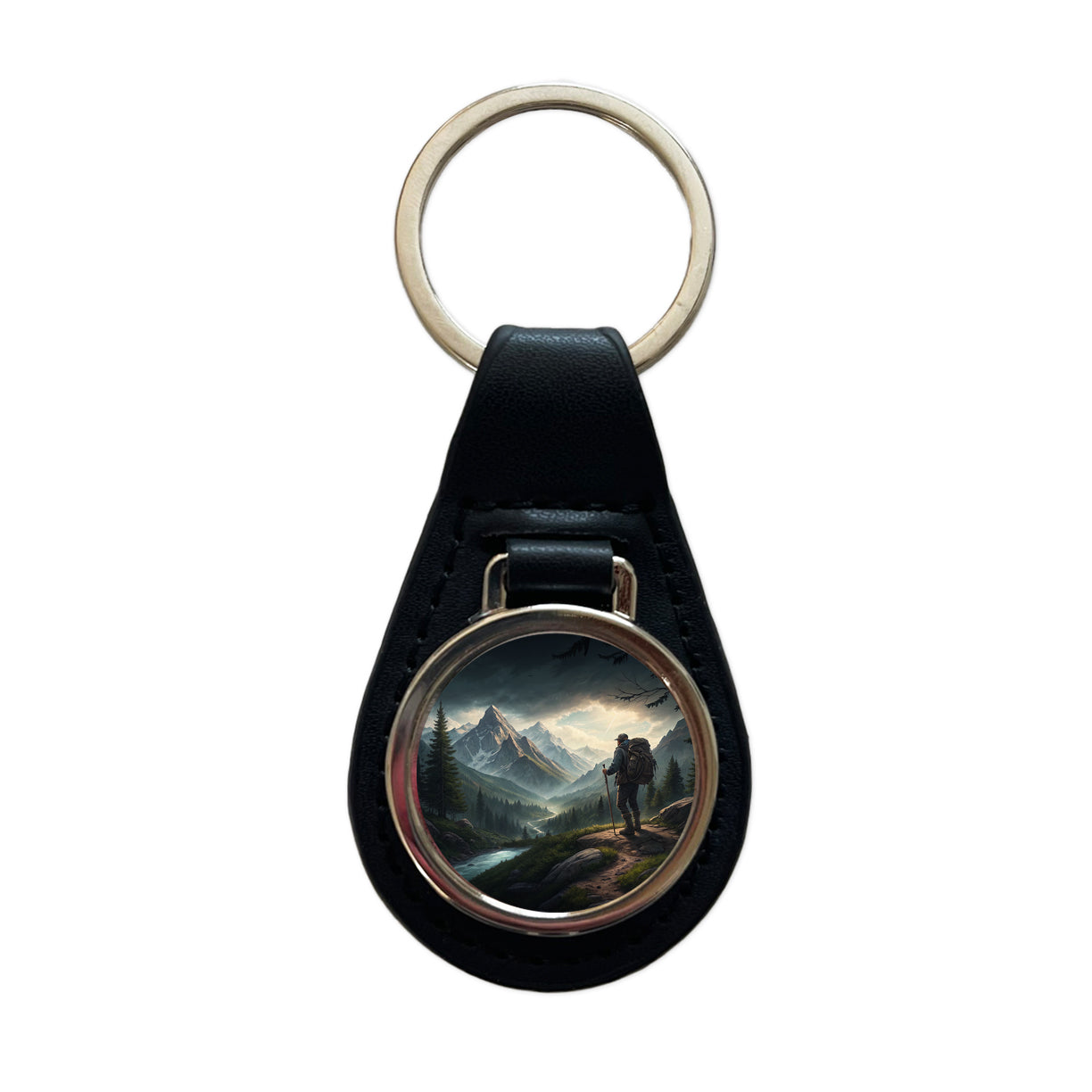 Man Hiking In The Mountains Black Leather Metal Keychain