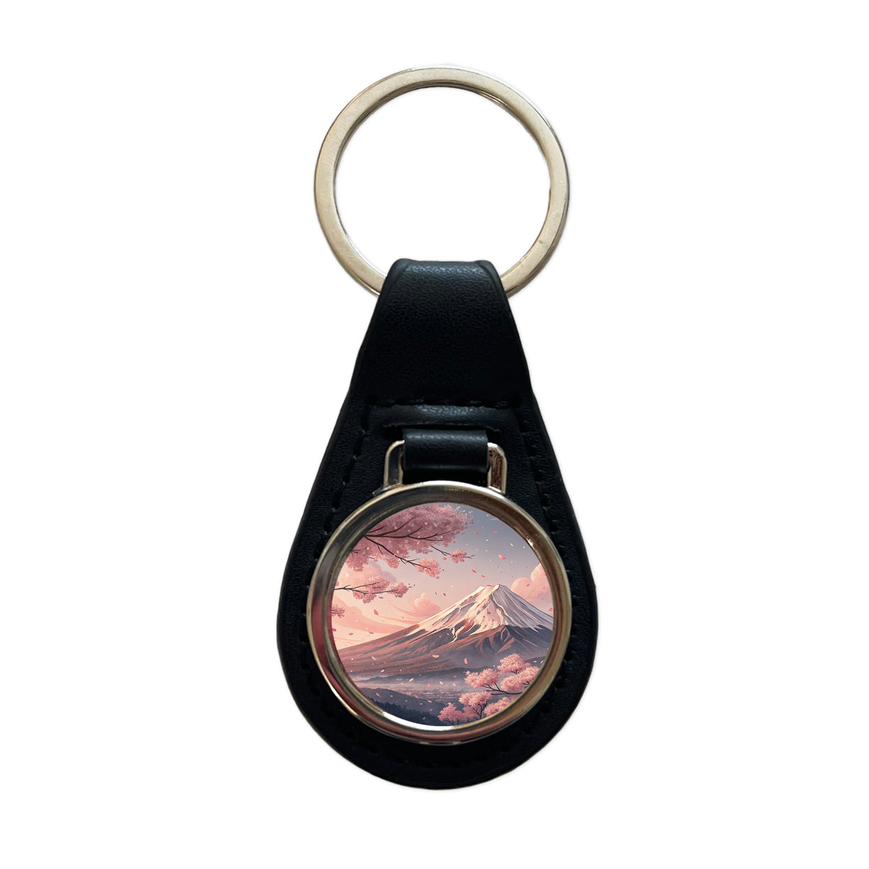 Mount Fuji Blooming Sakura Trees Japanese Illustration Black Leather Metal Keychain