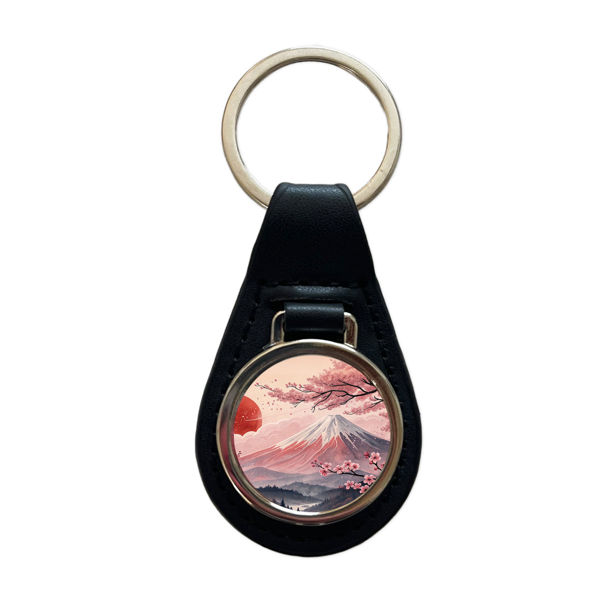 Mount Fuji With Cherry Blossoms Rising Sun Japanese Illustration Black Leather Metal Keychain