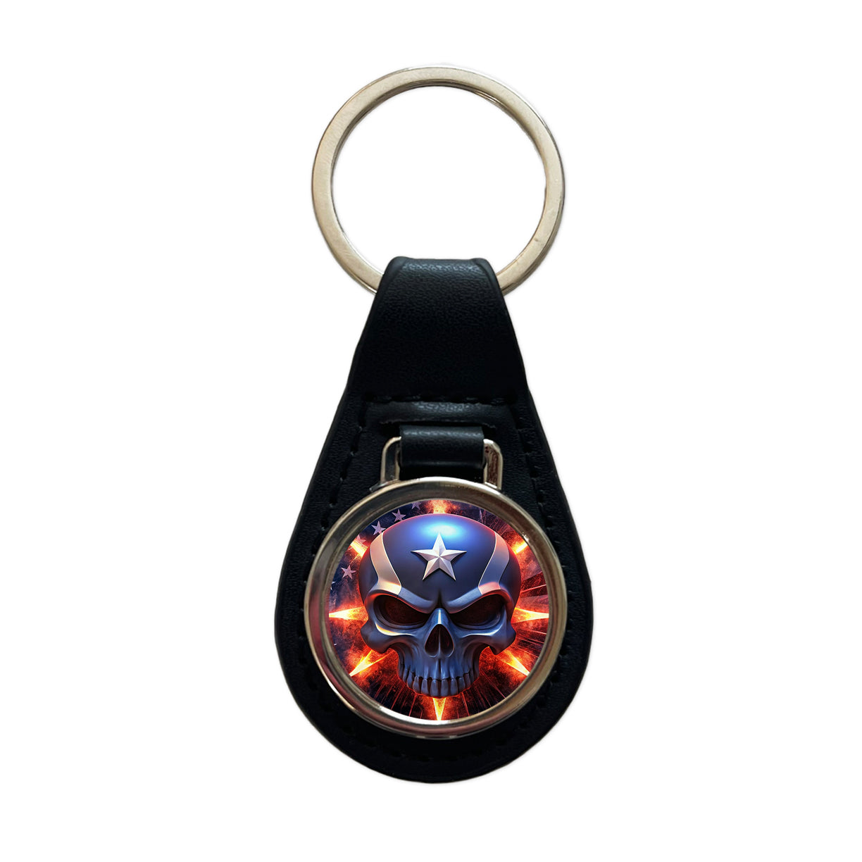 Patriotic Skull And American Flag Black Leather Metal Keychain