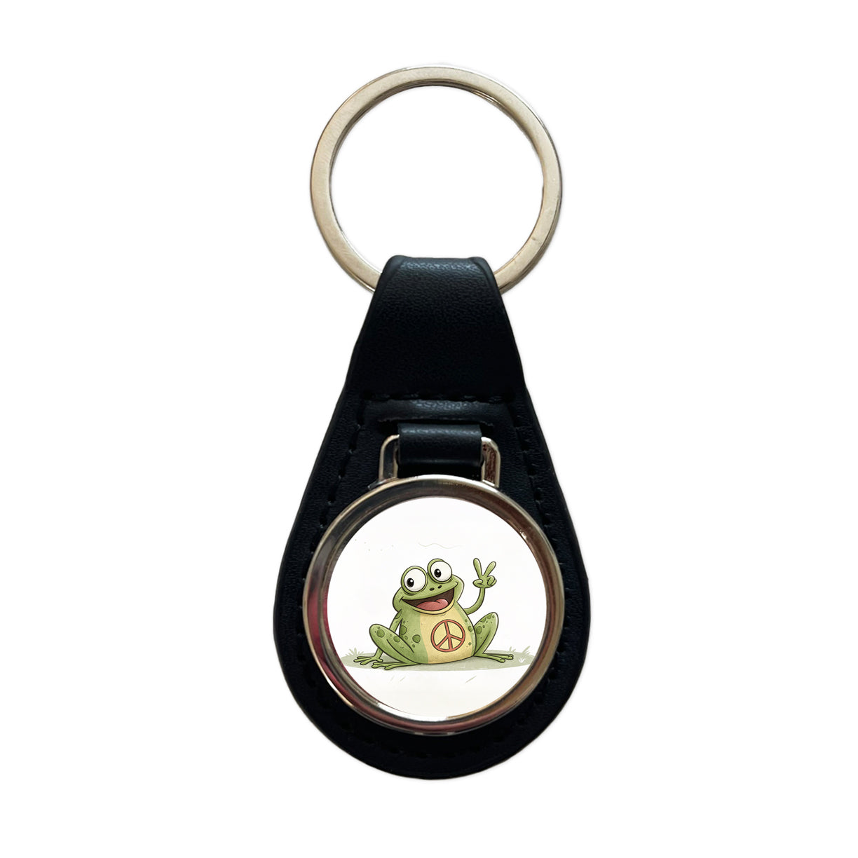 Peace Sign Frog Cartoon Black Leather Metal Keychain