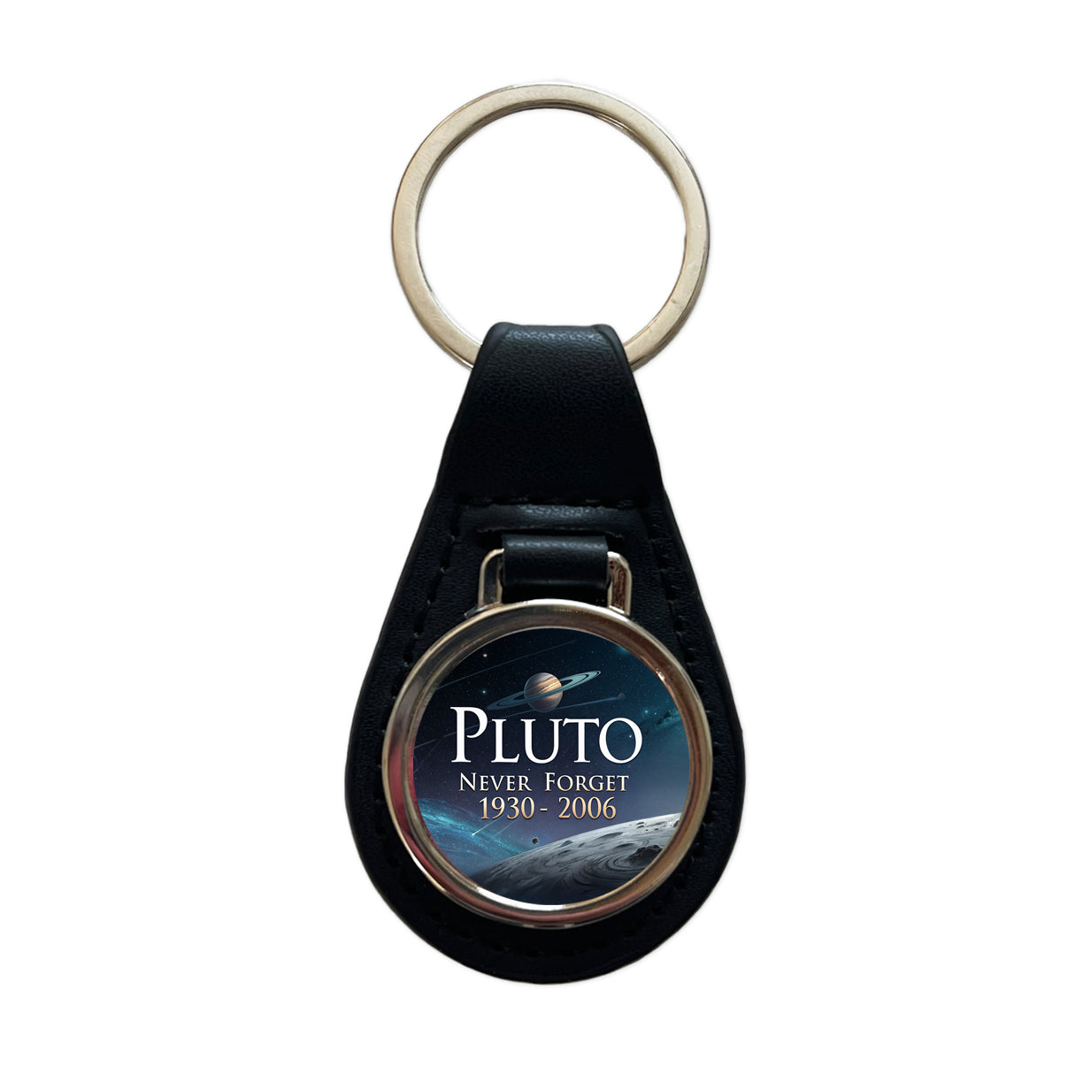 Pluto Never Forget 1930-2006 Funny Astronomy Black Leather Metal Keychain