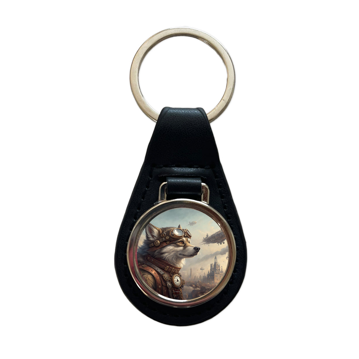 Pomsky Dog Steampunk Black Leather Metal Keychain