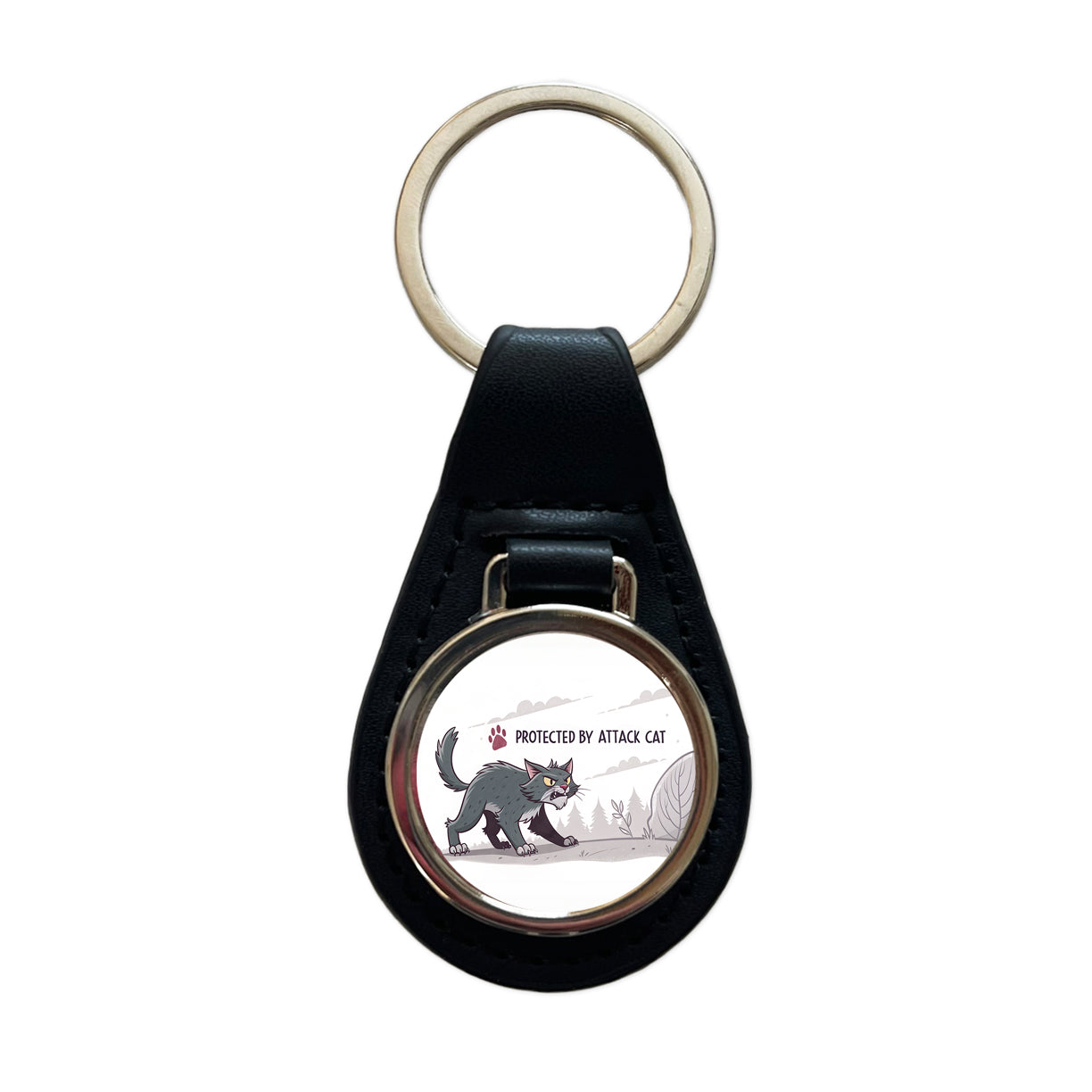 Protected By Attack Cat Funny Black Leather Metal Keychain
