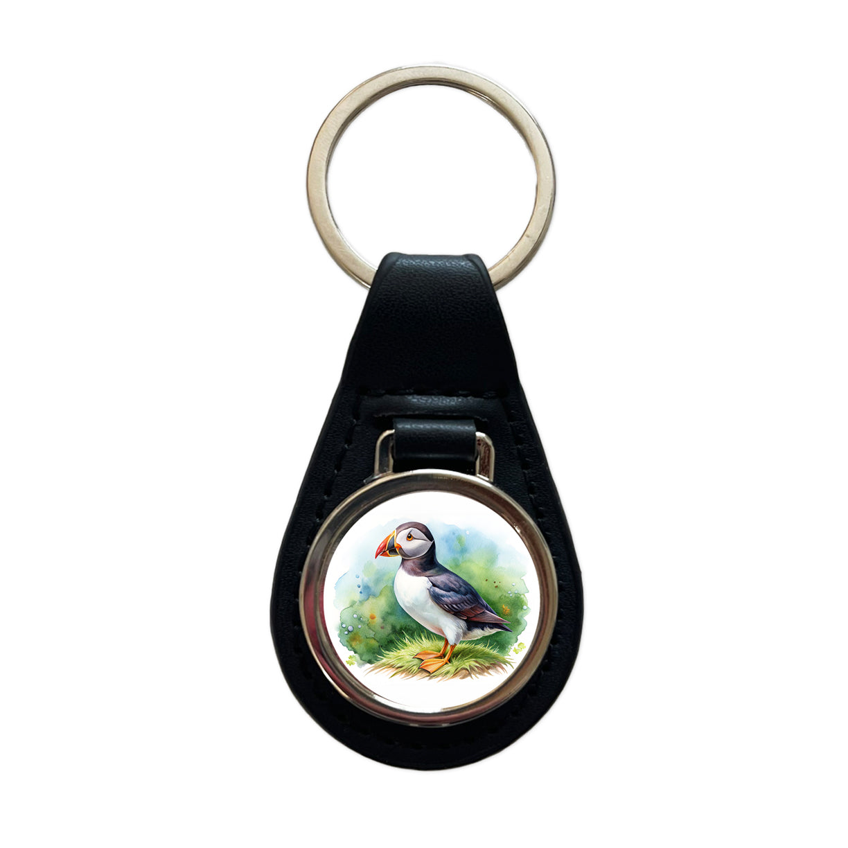 Puffin Bird Watercolor Black Leather Metal Keychain
