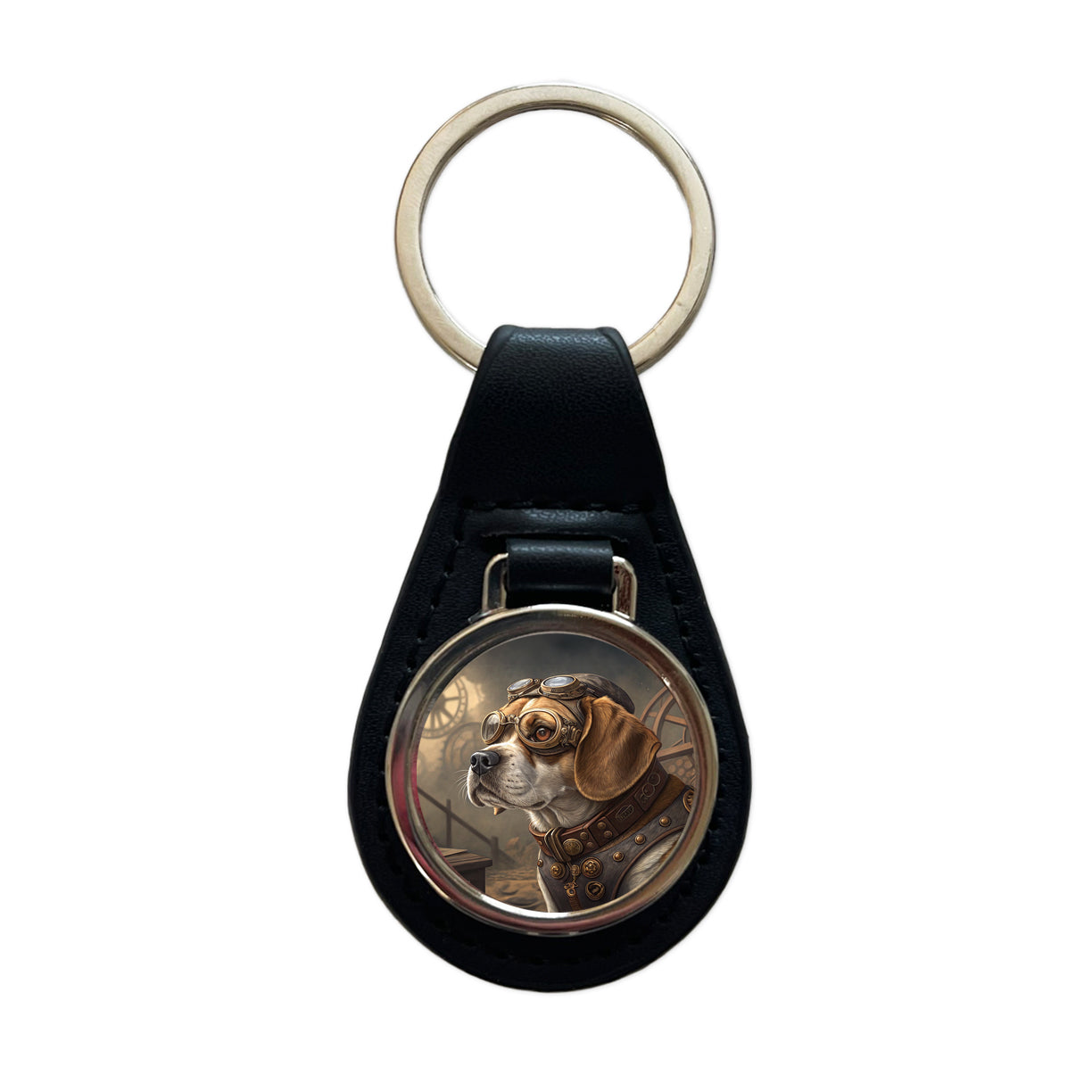 Puggle Dog Steampunk Black Leather Metal Keychain