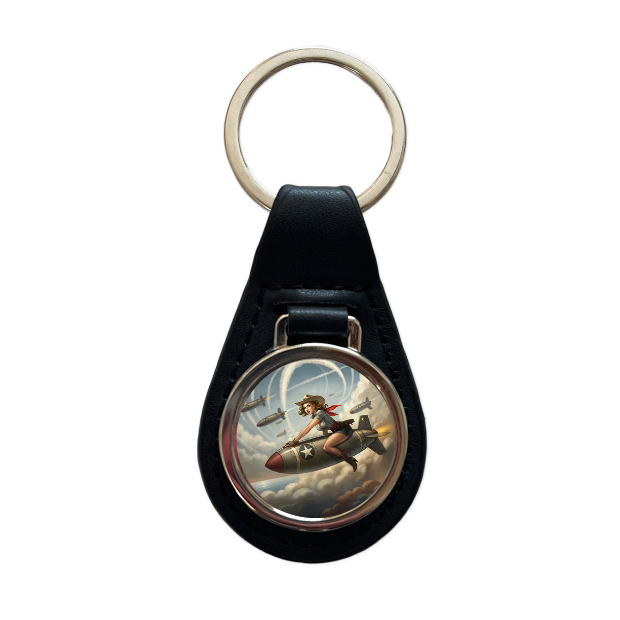 Rockabilly Patriotic Pin-Up Cowgirl Riding Bomb Funny Black Leather Metal Keychain