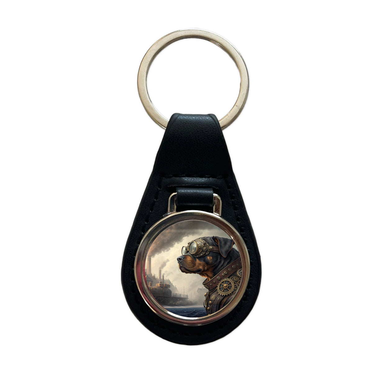 Rottweiler Dog Steampunk Black Leather Metal Keychain