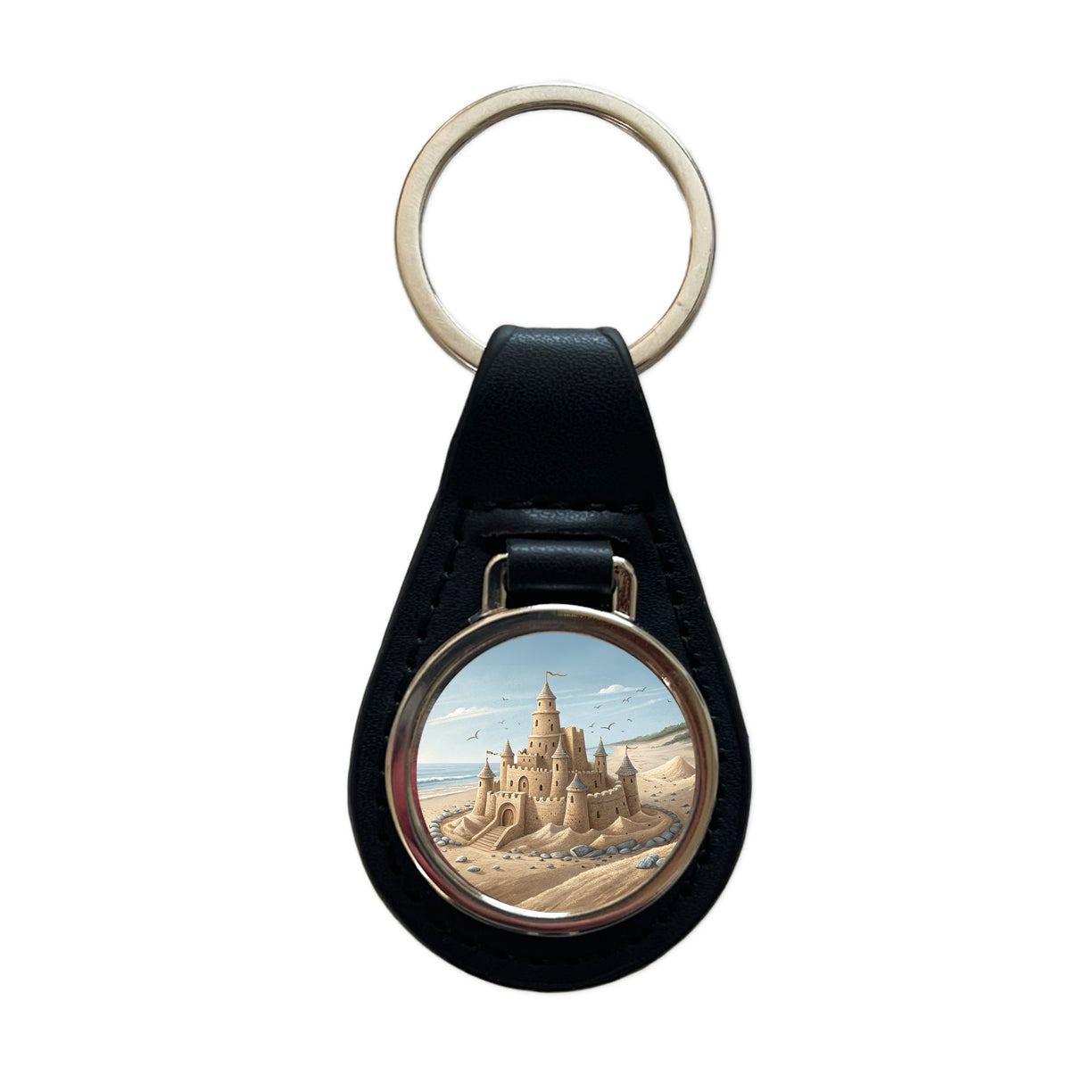 Sandcastle On Beach Black Leather Metal Keychain
