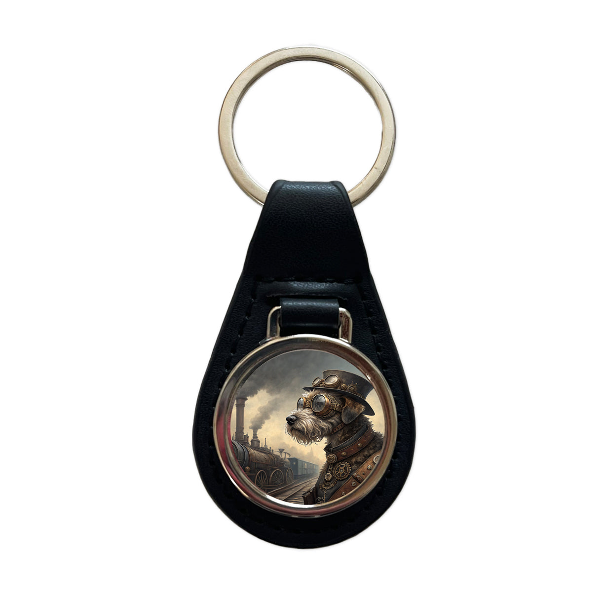Schnoodle Dog Steampunk Black Leather Metal Keychain