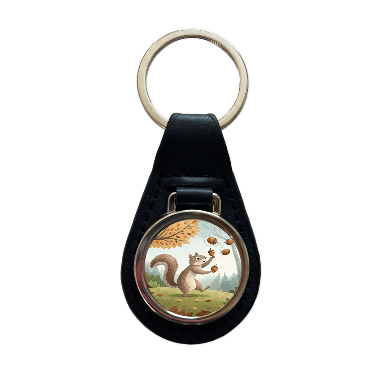 Squirrel Juggling His Acorns Nuts Black Leather Metal Keychain