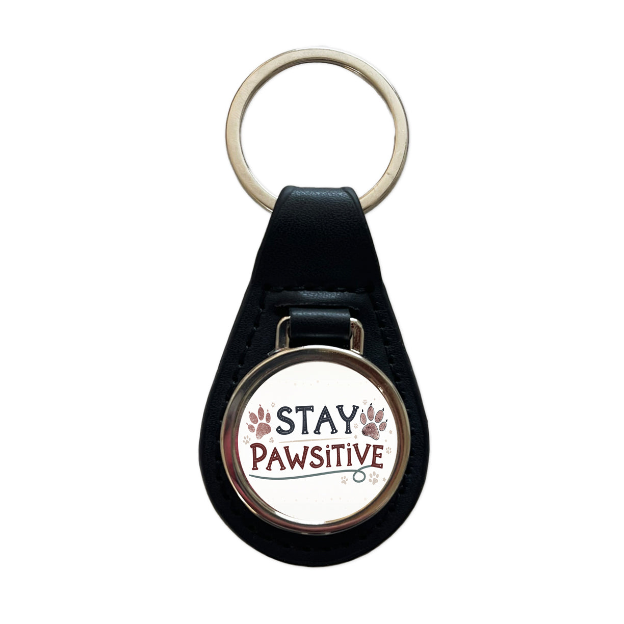 Stay Pawsitive Positive Paw Prints Inspirational Funny Black Leather Metal Keychain