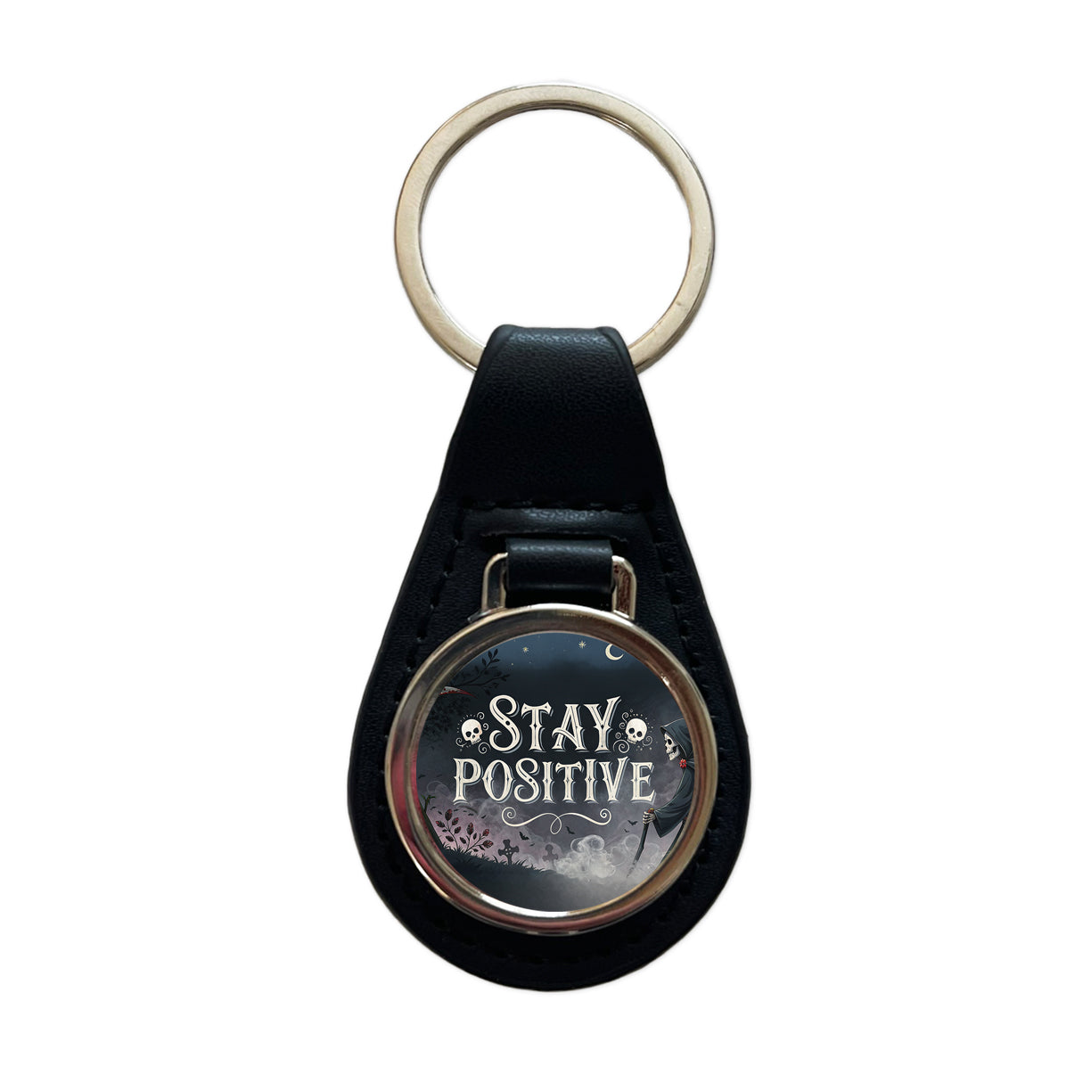 Stay Positive Funny Grim Reaper Death Cartoon Black Leather Metal Keychain