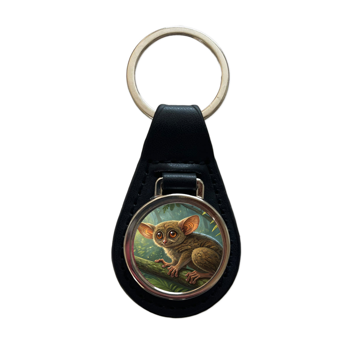 Tarsier Illustration Black Leather Metal Keychain