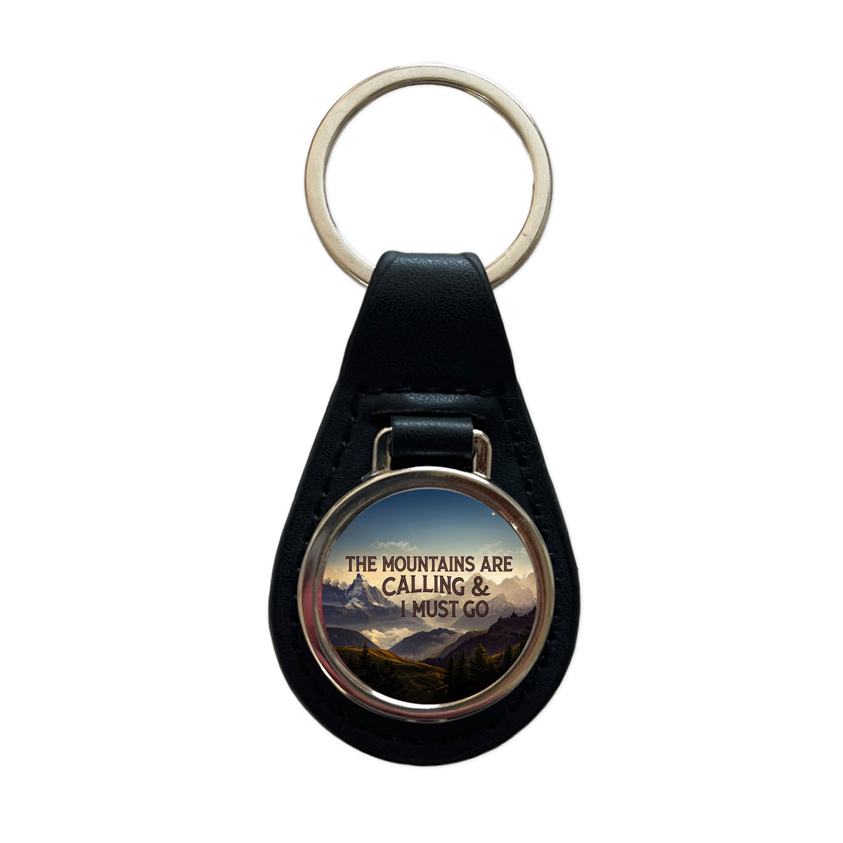 The Mountains Are Calling And I Must Go Hiking Camping Black Leather Metal Keychain