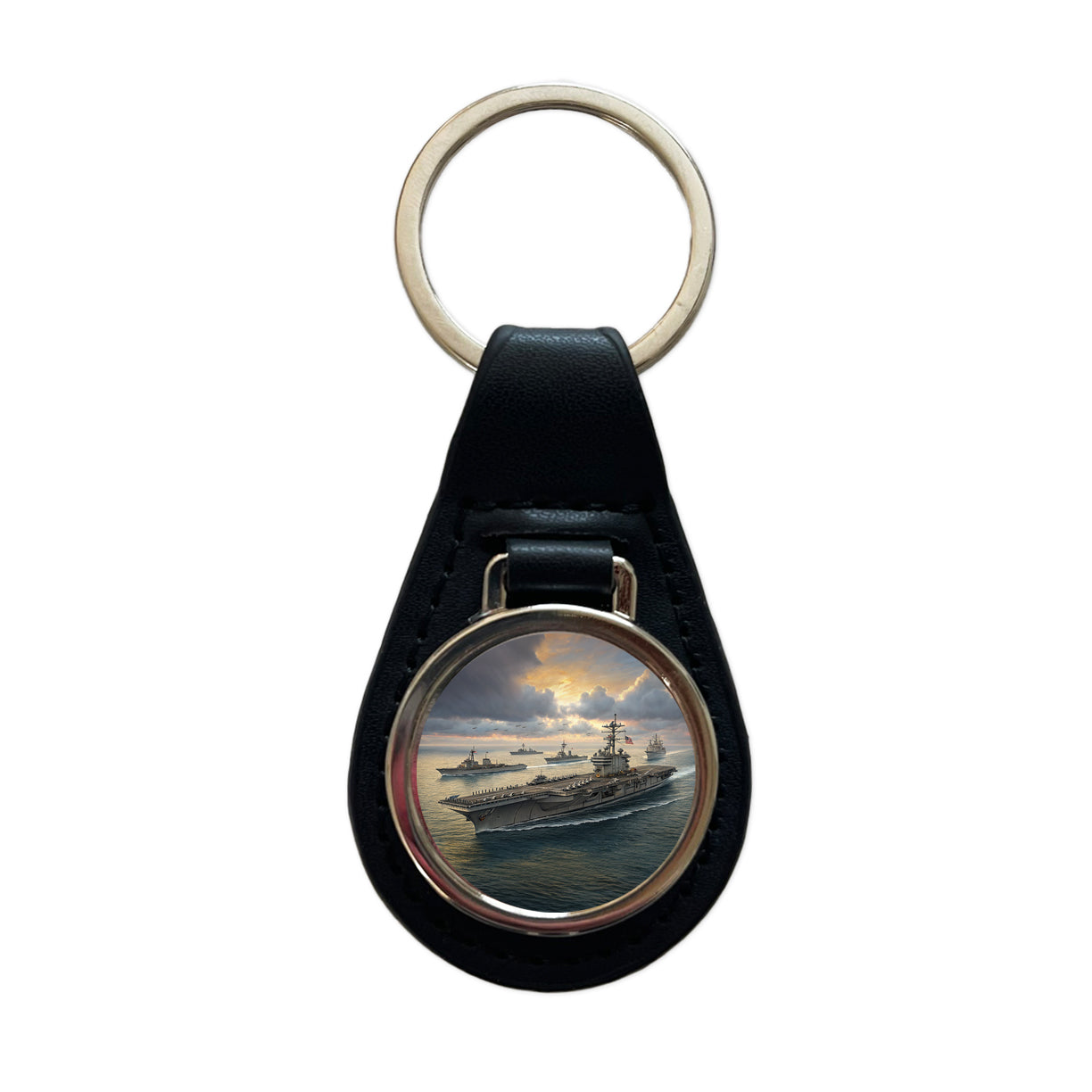 US Navy Carrier Strike Group At Sea Illustration Black Leather Metal Keychain