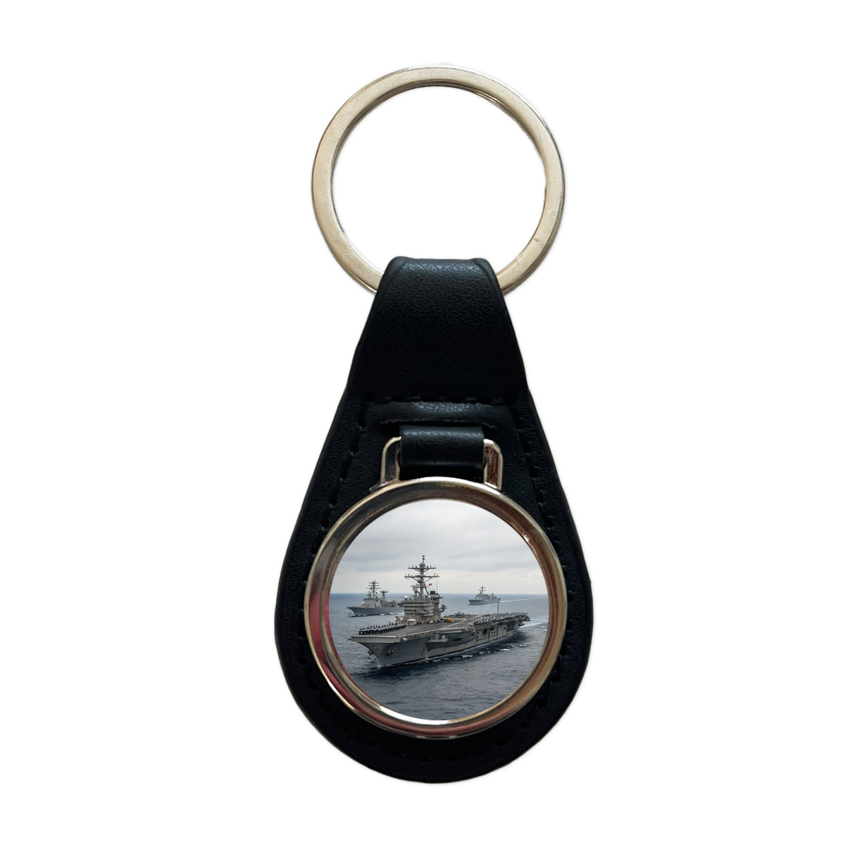 US Navy Carrier Strike Group Escorts At Sea Black Leather Metal Keychain