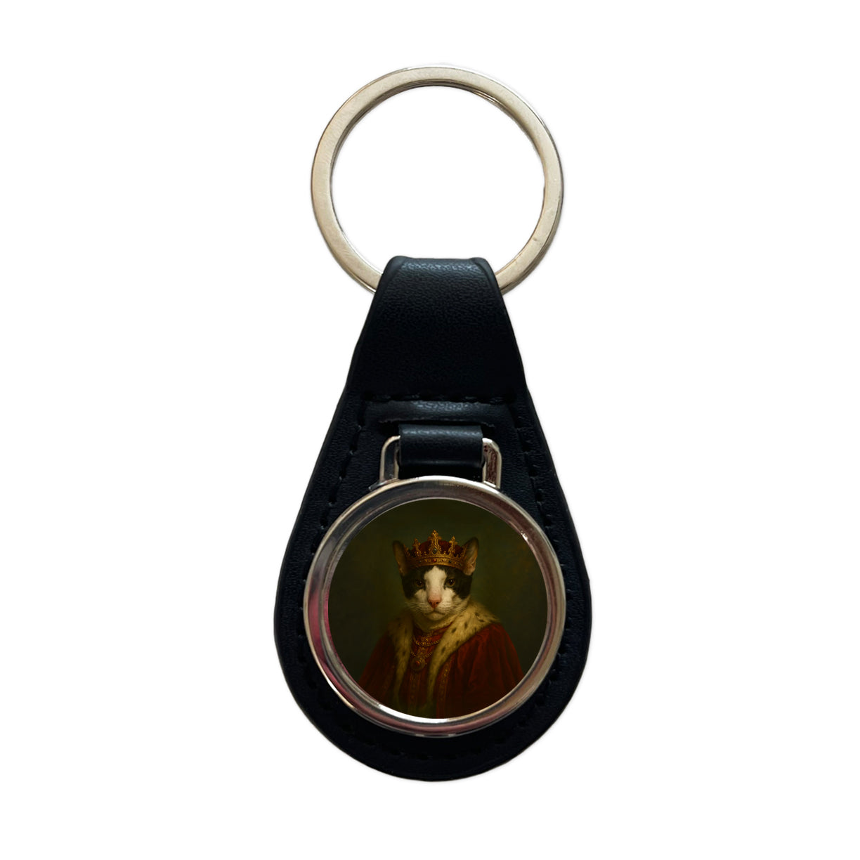 Vintage Cat King Fantasy Painting Black Leather Metal Keychain