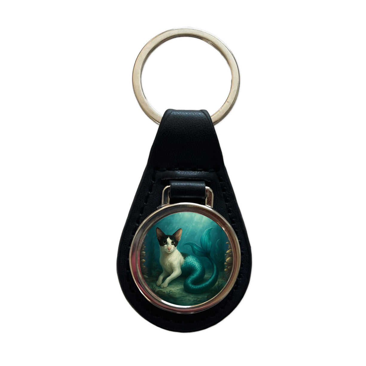 Vintage Oriental Shorthair Cat Mermaid Fantasy Painting Black Leather Metal Keychain