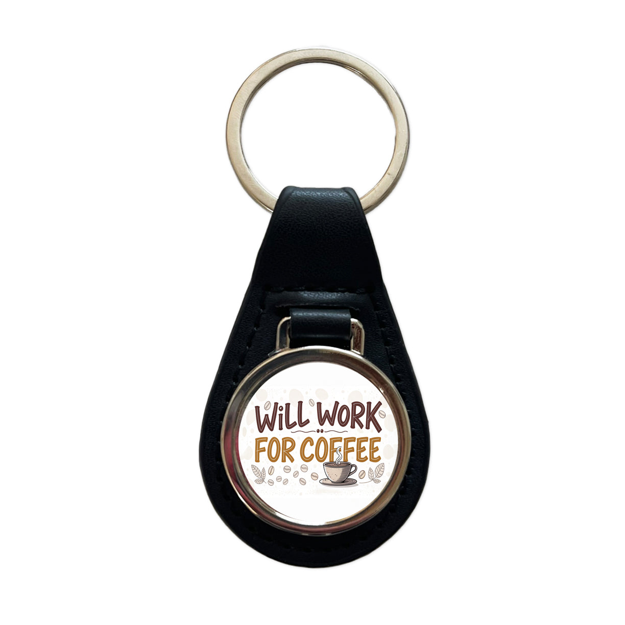 Will Work For Coffee Funny Saying Black Leather Metal Keychain