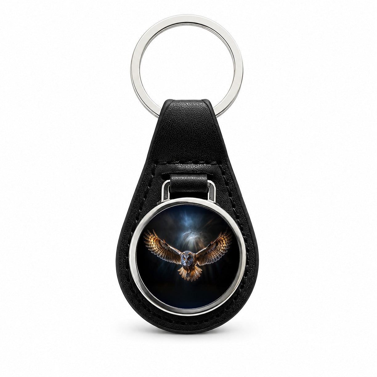 Barn Owl Flying At Night In The Dark Black Leather Metal Keychain