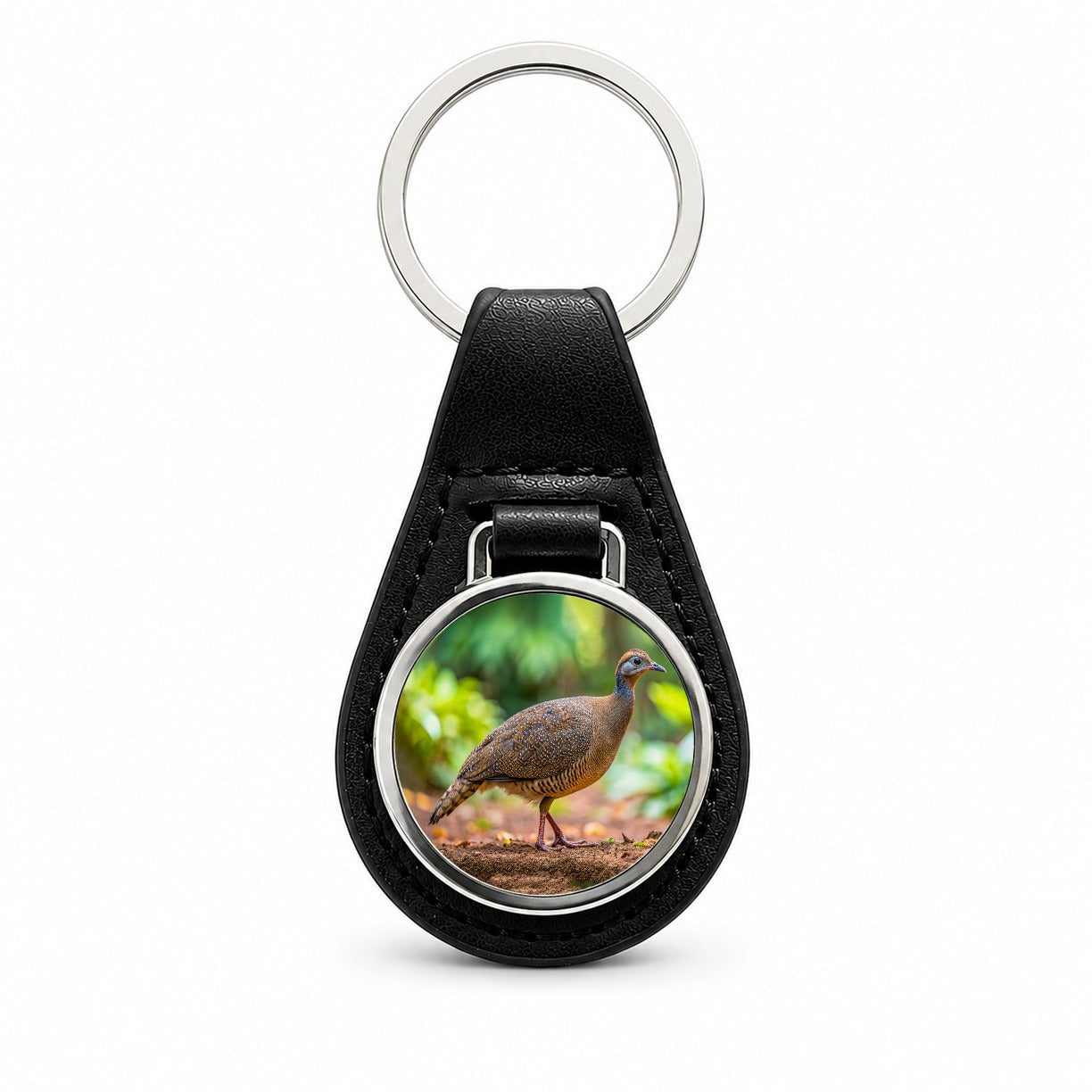 Tinamou Bird Photo Black Leather Metal Keychain