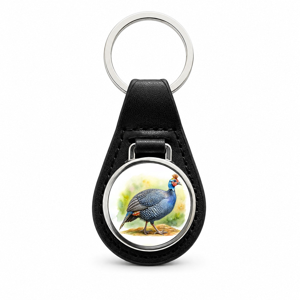 Guinea Fowl Colorful Watercolor Black Leather Metal Keychain
