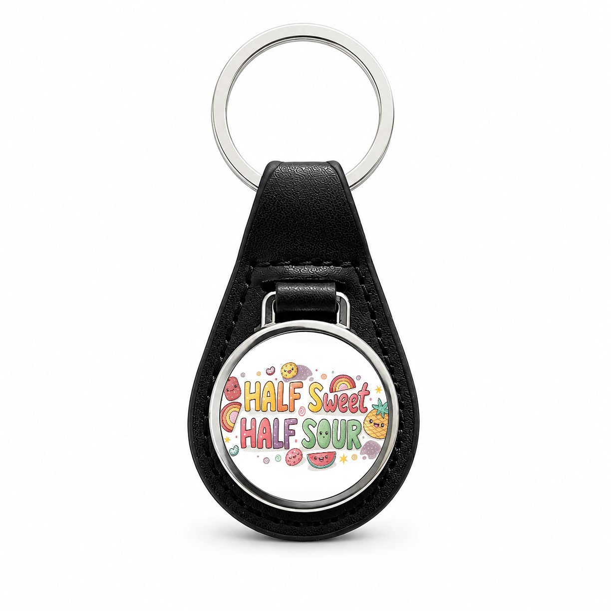 Half Sweet Half Sour Funny Candy Black Leather Metal Keychain