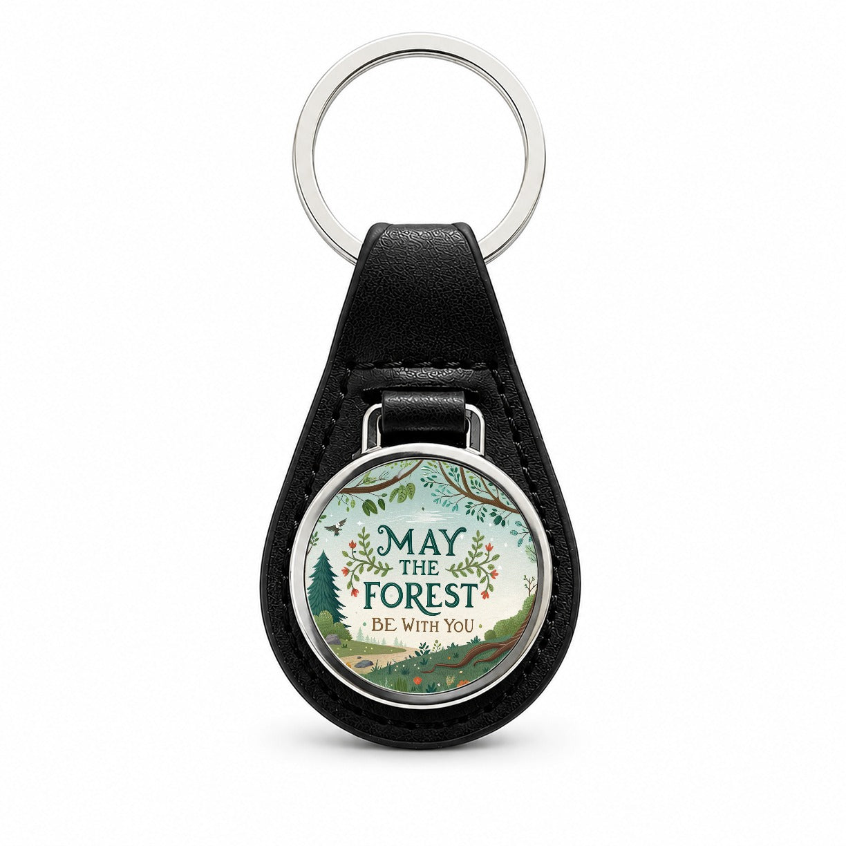 May The Forest Be With You Funny Hiking Camping Black Leather Metal Keychain