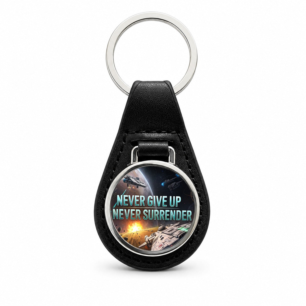 Never Give Up Never Surrender Inspirational Sci-Fi Space Black Leather Metal Keychain