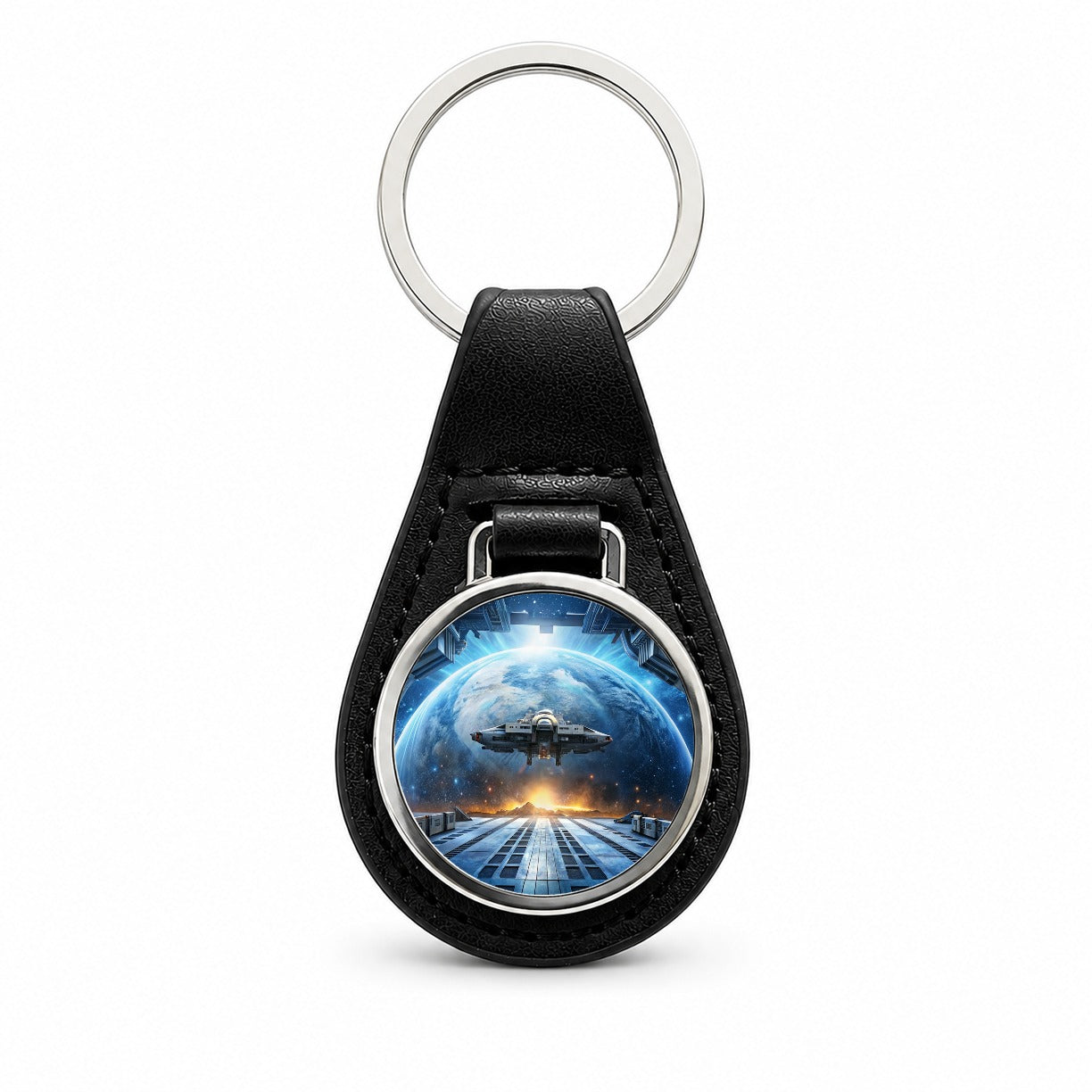 Spaceship Entering Station Spacedock Black Leather Metal Keychain