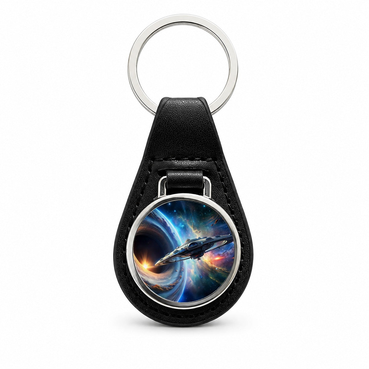 Starship Spaceship Coming Out Of Space Wormhole Black Leather Metal Keychain
