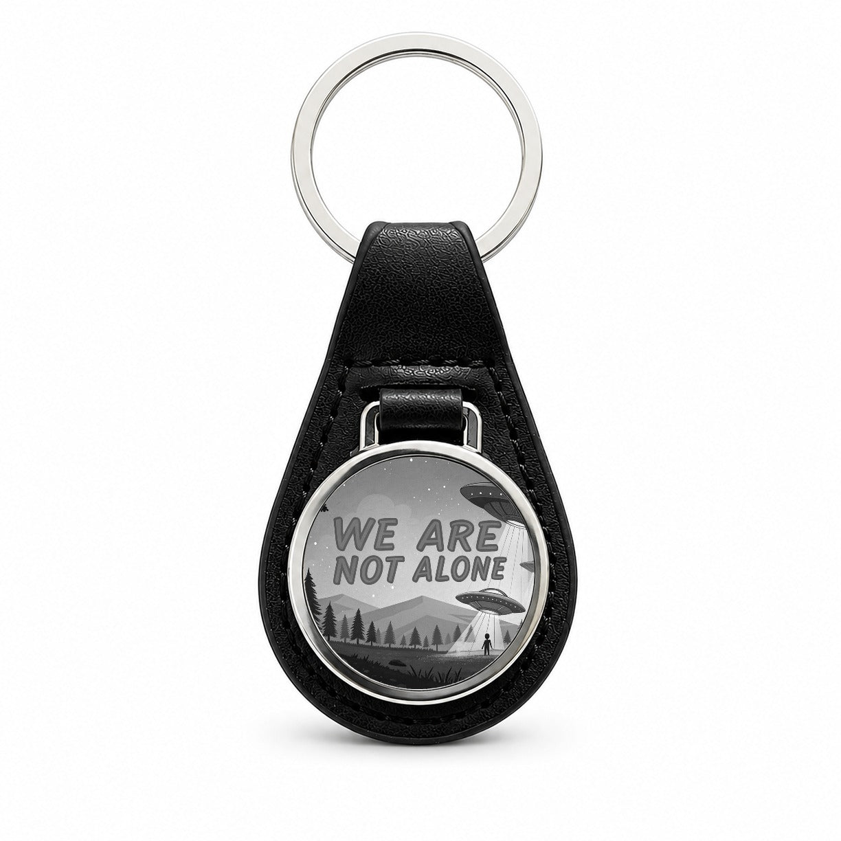 We Are Not Alone Funny Retro UFO Black And White Black Leather Metal Keychain