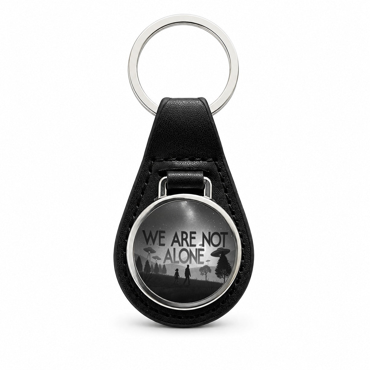 We Are Not Alone Retro Funny Alien Invasion Black Leather Metal Keychain
