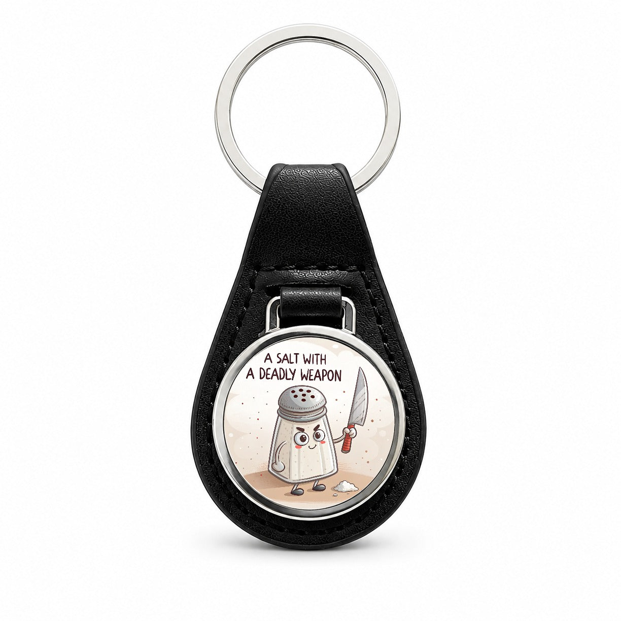 A Salt Shaker With A Deadly Weapon Funny Black Leather Metal Keychain