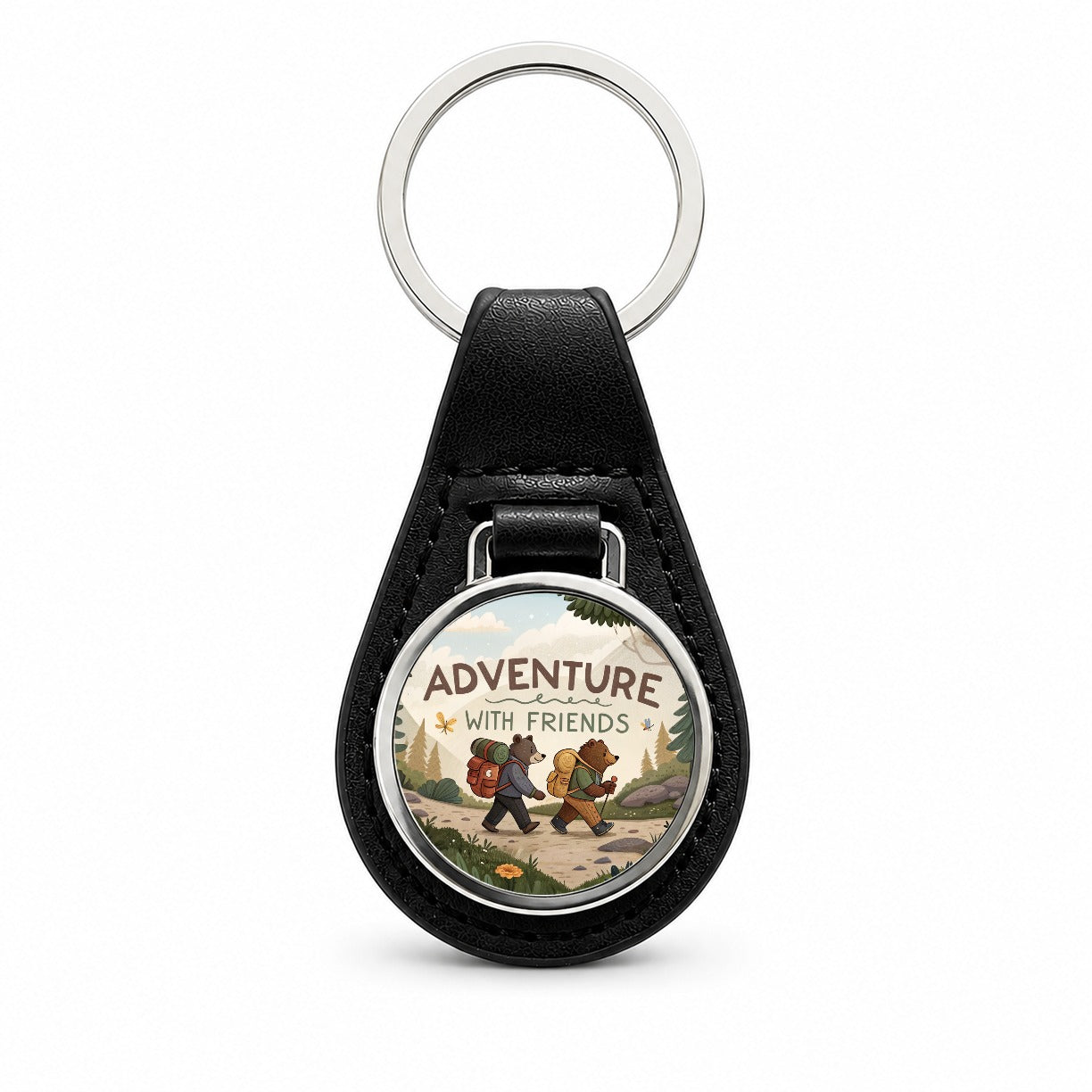 Adventure With Friends Hiking Bears Black Leather Metal Keychain
