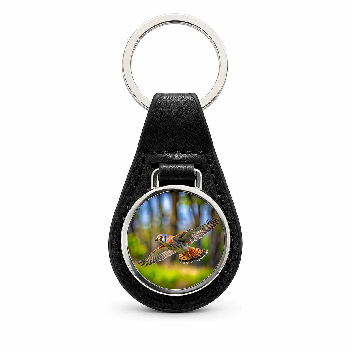 American Kestrel Raptor in Flight Black Leather Metal Keychain