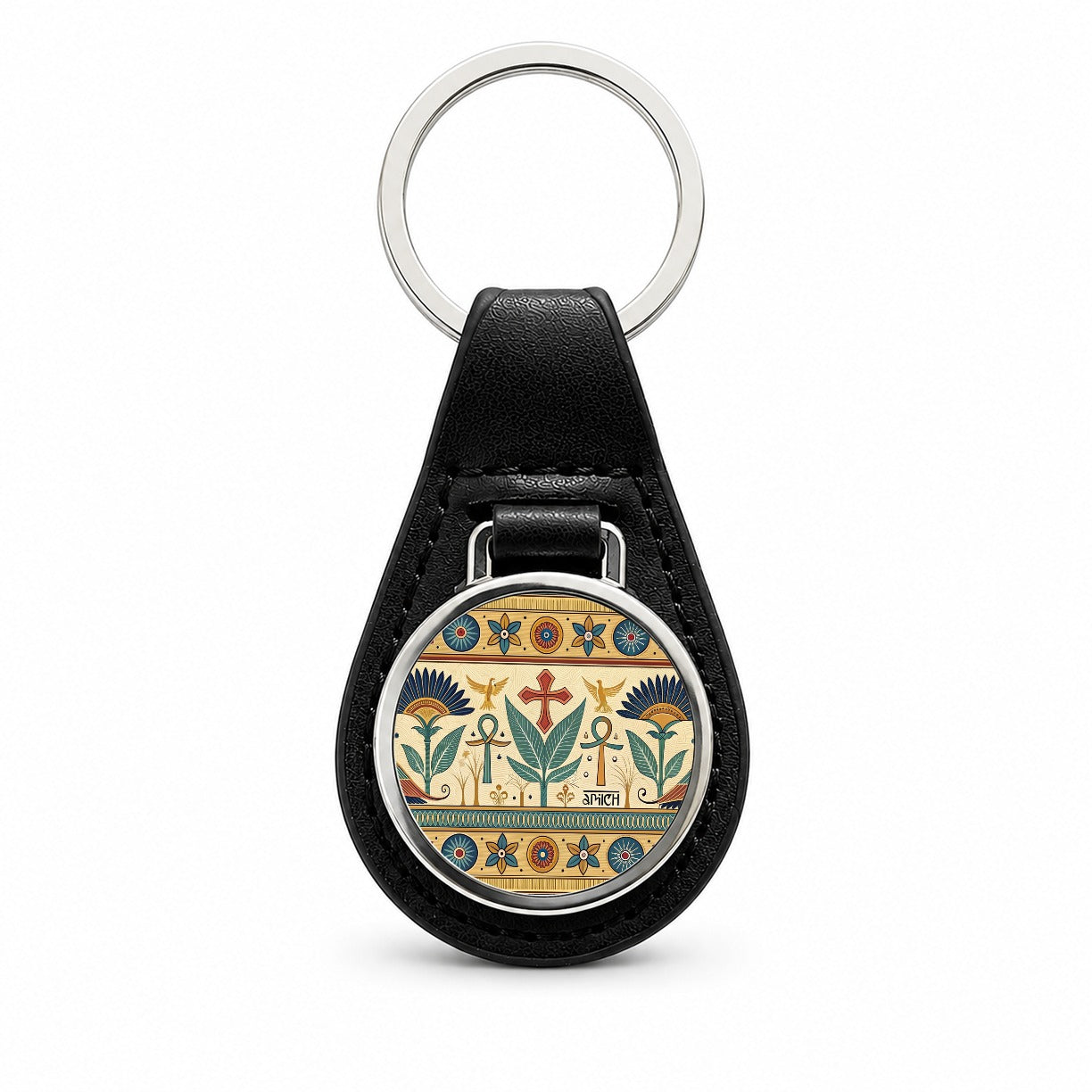 Ancient Egyptian Pattern Ankh Black Leather Metal Keychain