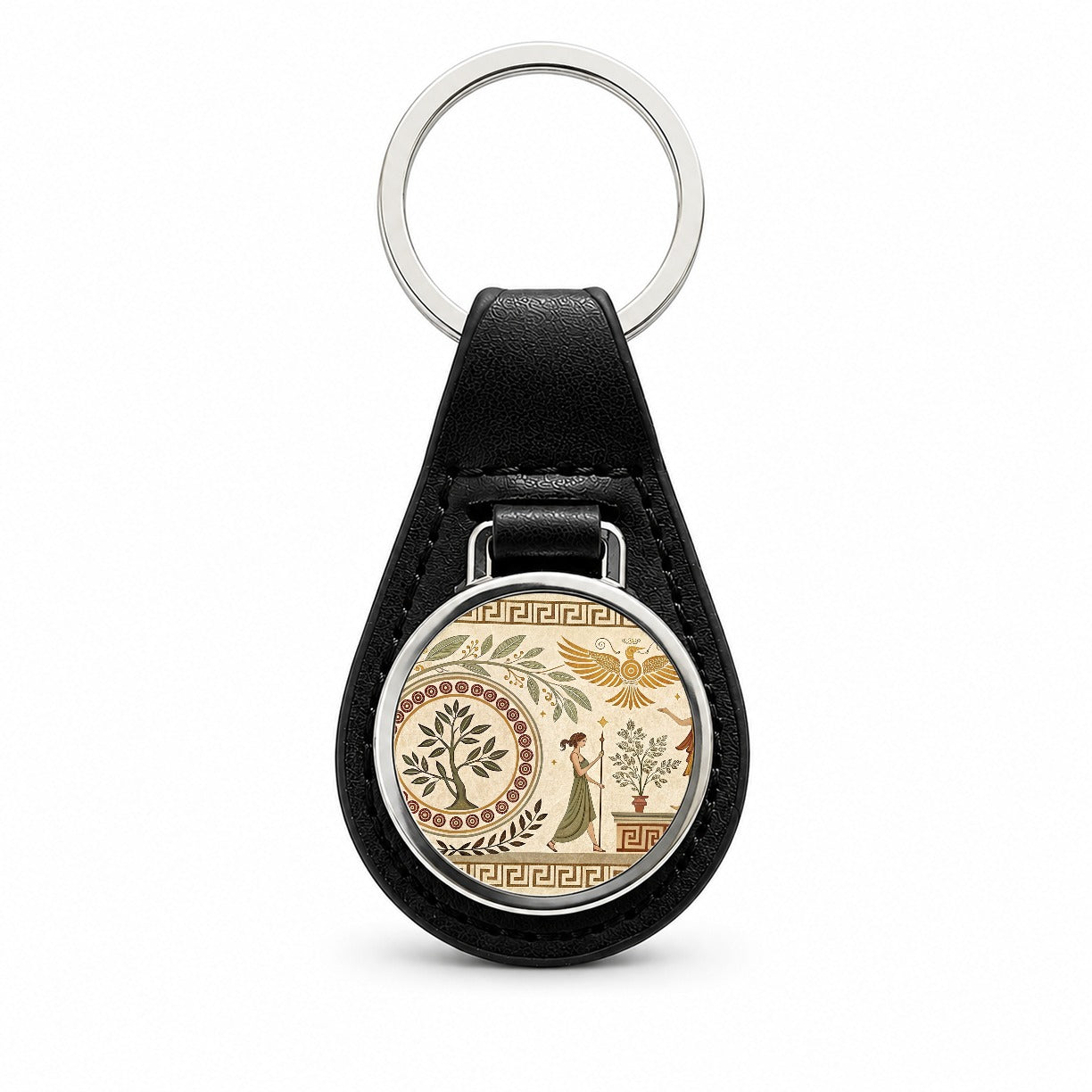 Ancient Greek Tree Pattern Black Leather Metal Keychain