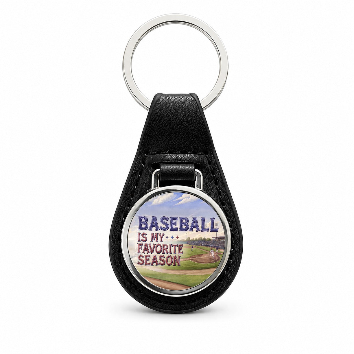 Baseball Is My Favorite Season Funny Illustration Black Leather Metal Keychain