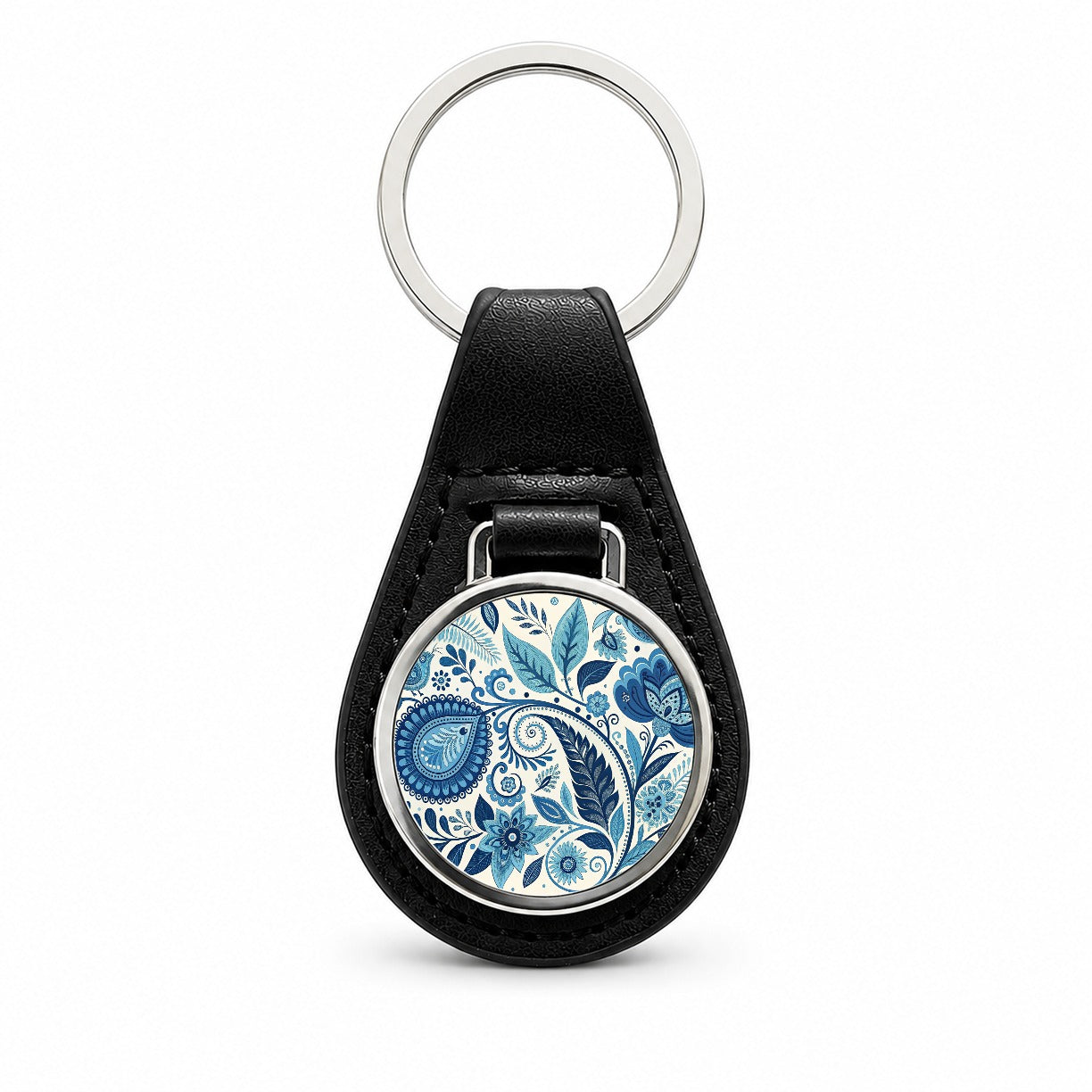 Blue Traditional Folk Art Floral Pattern Black Leather Metal Keychain