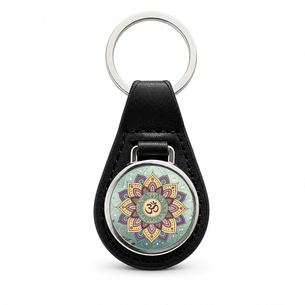 Bohemian Hippie Yoga Mandala Aum Om Black Leather Metal Keychain
