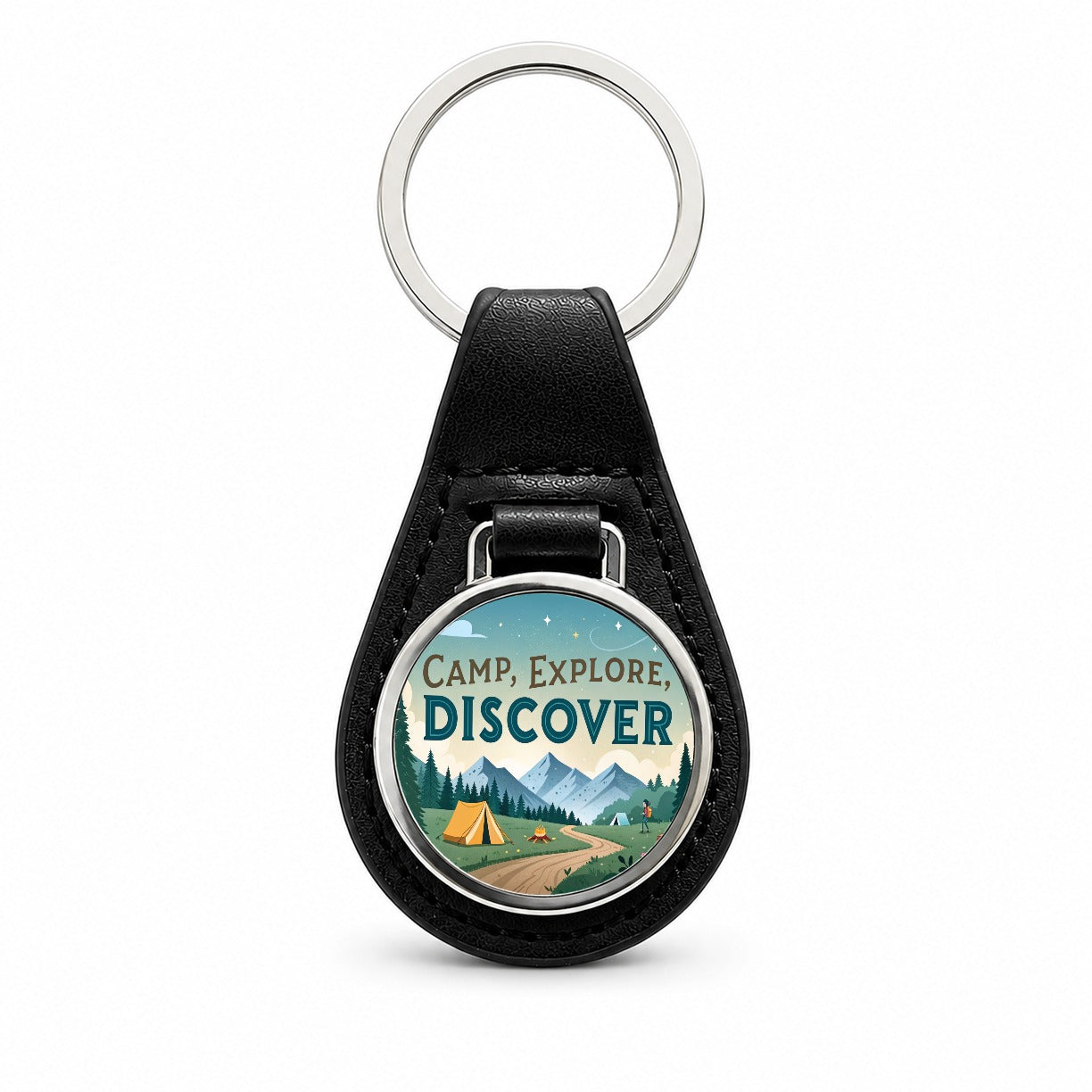 Camp Explore Discover Text Camping And Hiking Black Leather Metal Keychain