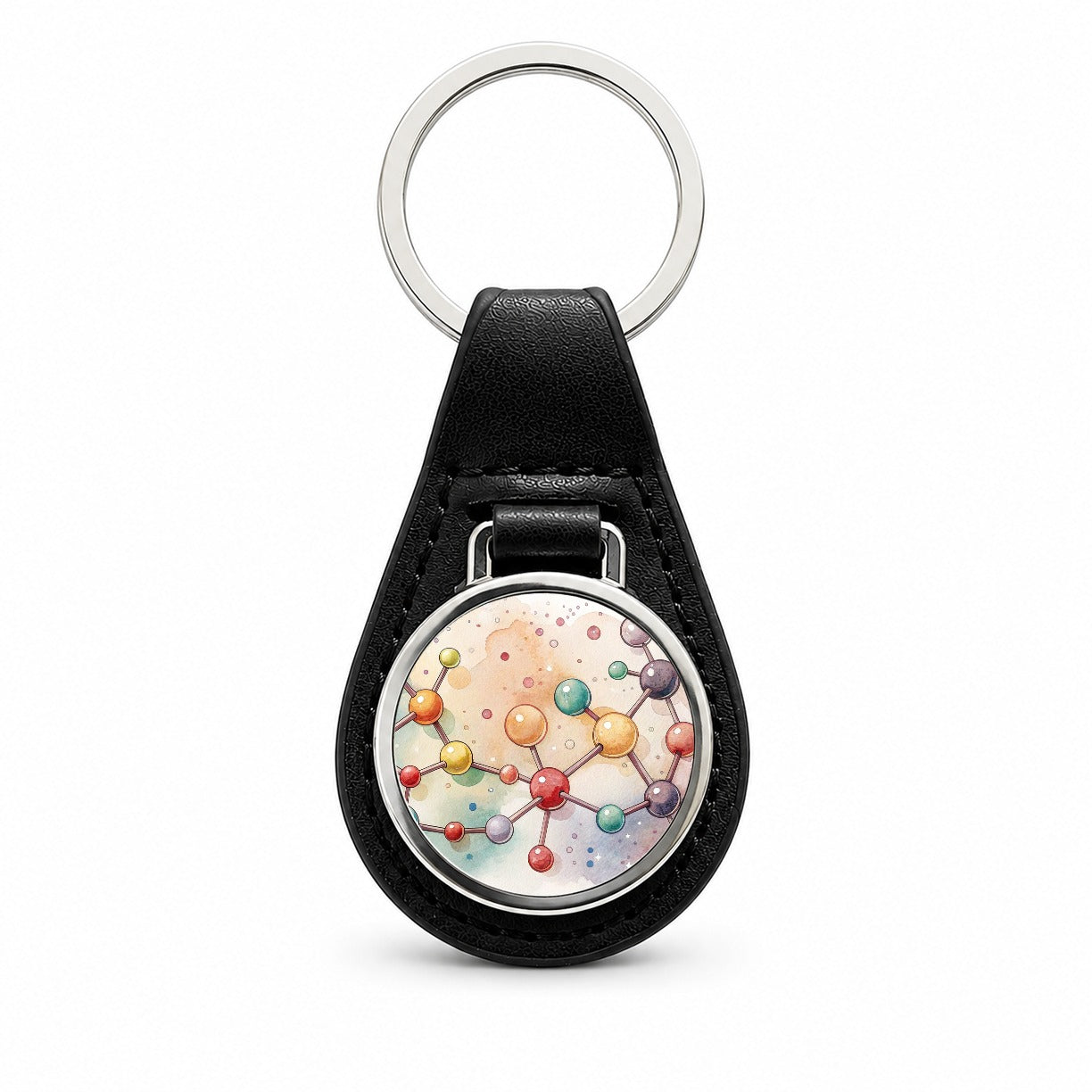 Chemistry Molecules Watercolor Black Leather Metal Keychain