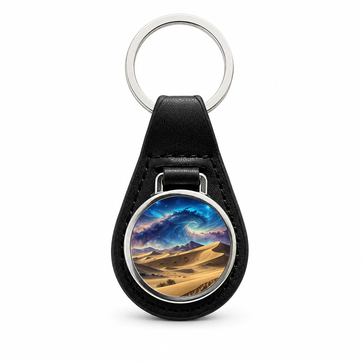 Desert Sand Dunes Under Blue Nebula Sci-Fi Black Leather Metal Keychain